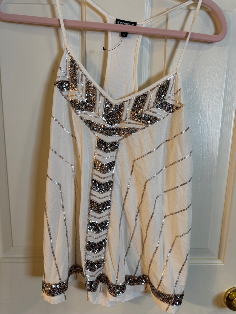 Express White Tank Top with Silver Sequin Chevron Accents